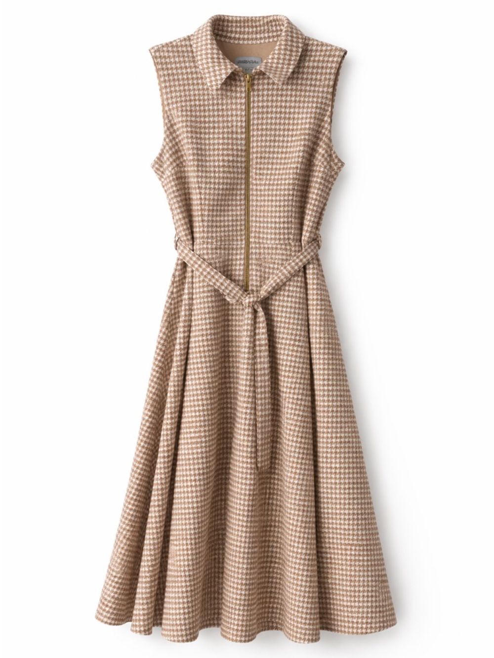 Shelby & Palmer Sleeveless Collared Houndstooth Midi Dress in Beige Size 8